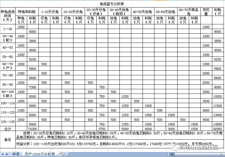 兔场1000种兔各段繁殖出栏商品兔效益分析表-18