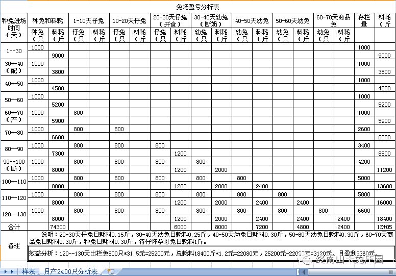 兔场1000种兔各段繁殖出栏商品兔效益分析表-18